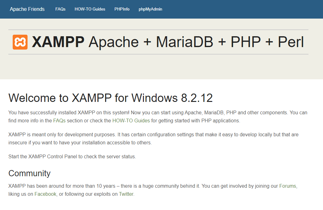 Localhost página de inicio de Xampp