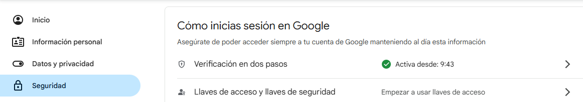 Captura: Pantalla de verificación en dos pasos en Google