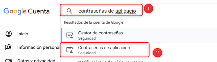 Captura: Contraseñas de aplicaciones en la cuenta de Google