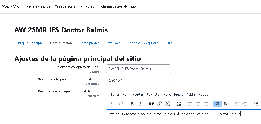Configuración página principal